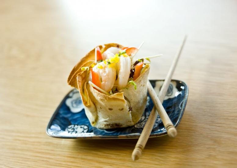 split apple Prawn and Avocado Salad in Tortilla Baskets 